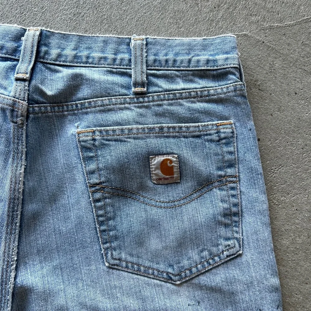 Vintage 90s Carhartt Jeans Size 37x32 Blue Light Wash Denim Straight Leg Worker